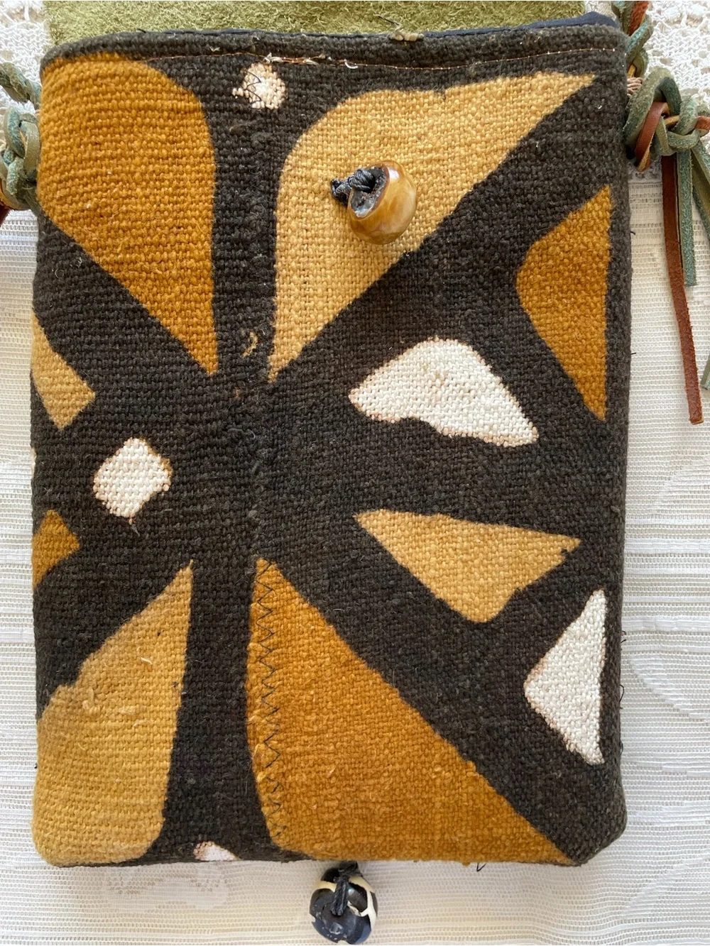 R-Tistic Designs Handcrafted Boho Woven Mudcloth & Leather Pouch Crossbody